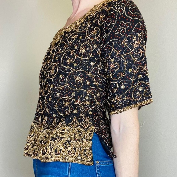 Paaneri India Black & Gold Beaded Sparkly Bohemian Blouse - Picture 3 of 7